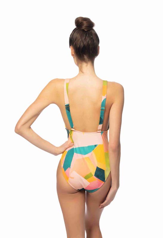 Printed Ring Accent One Piece Swimsuit - Orange