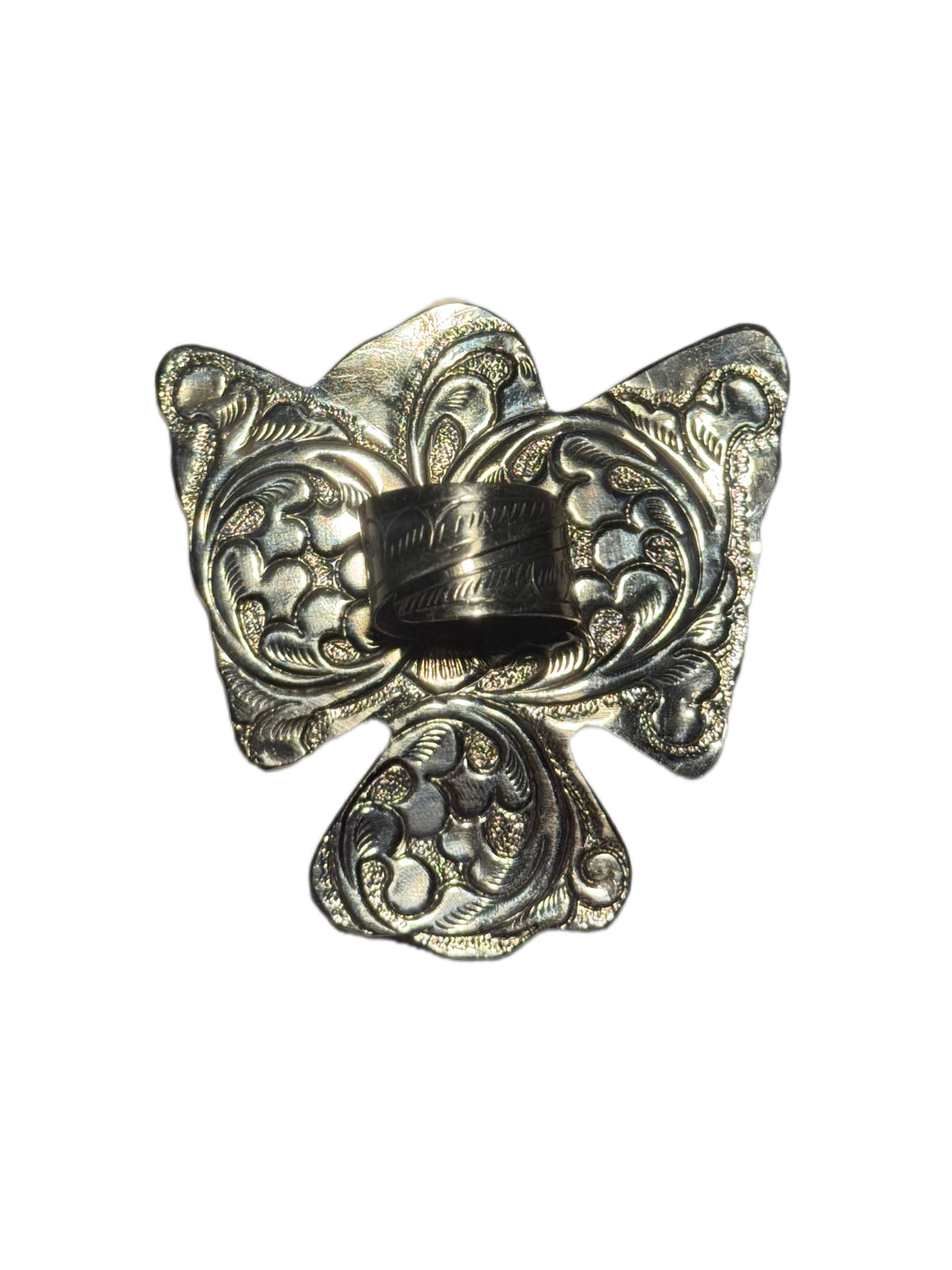 back of silver bird ring with adjustable feature shown on a plain white background.
