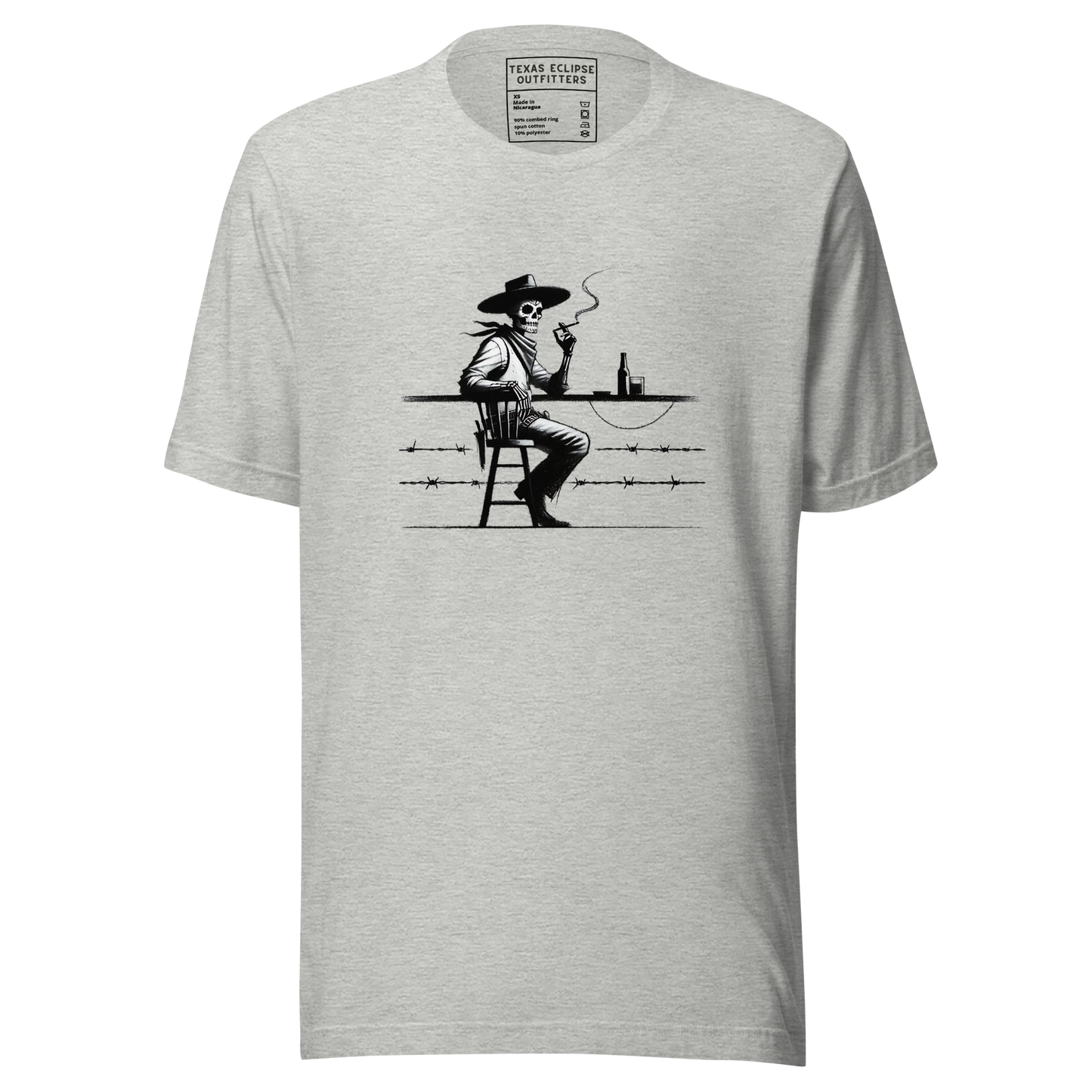 A graphic tee featuring a black and white illustration of a person sitting on a barstool smoking.