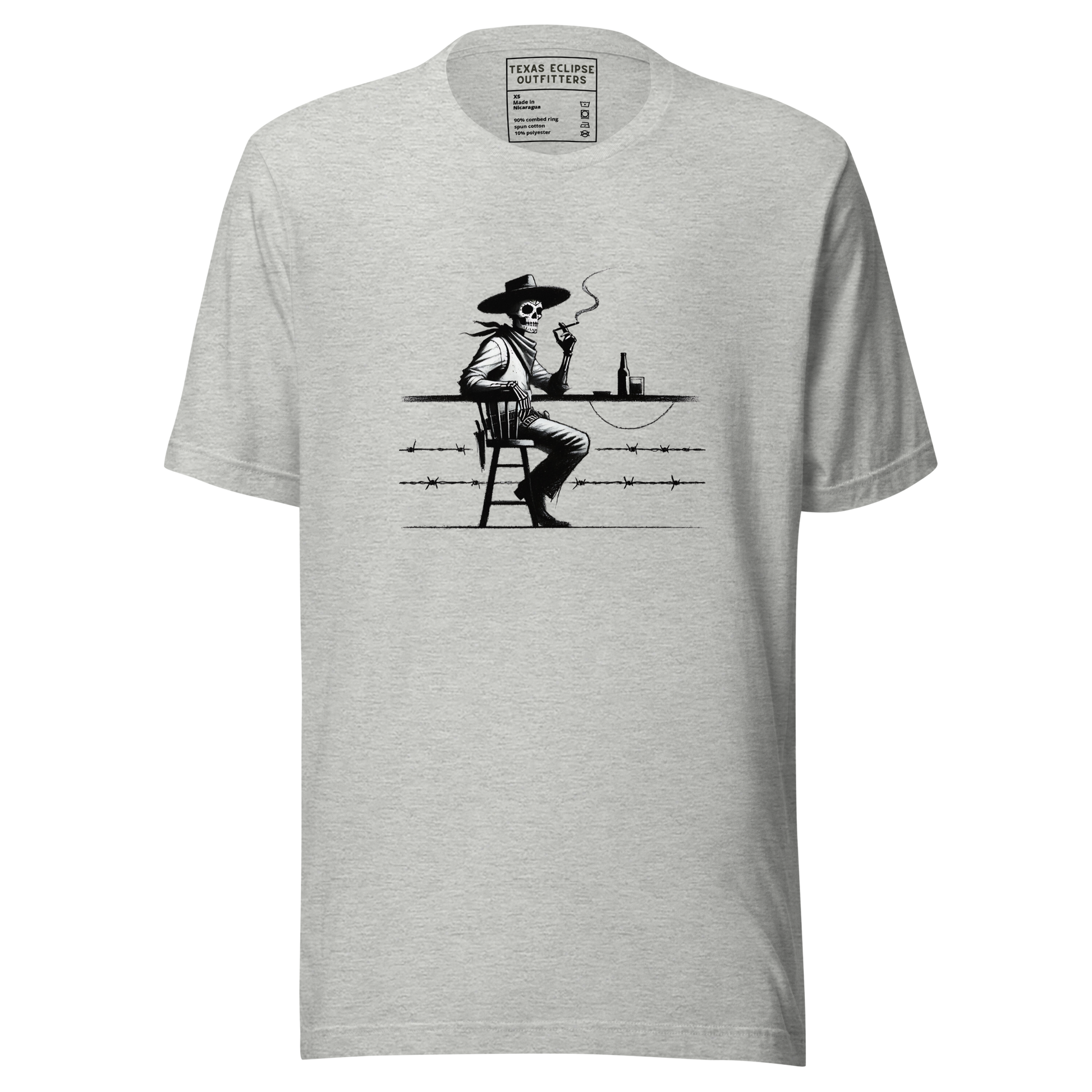 A graphic tee featuring a black and white illustration of a person sitting on a barstool smoking.