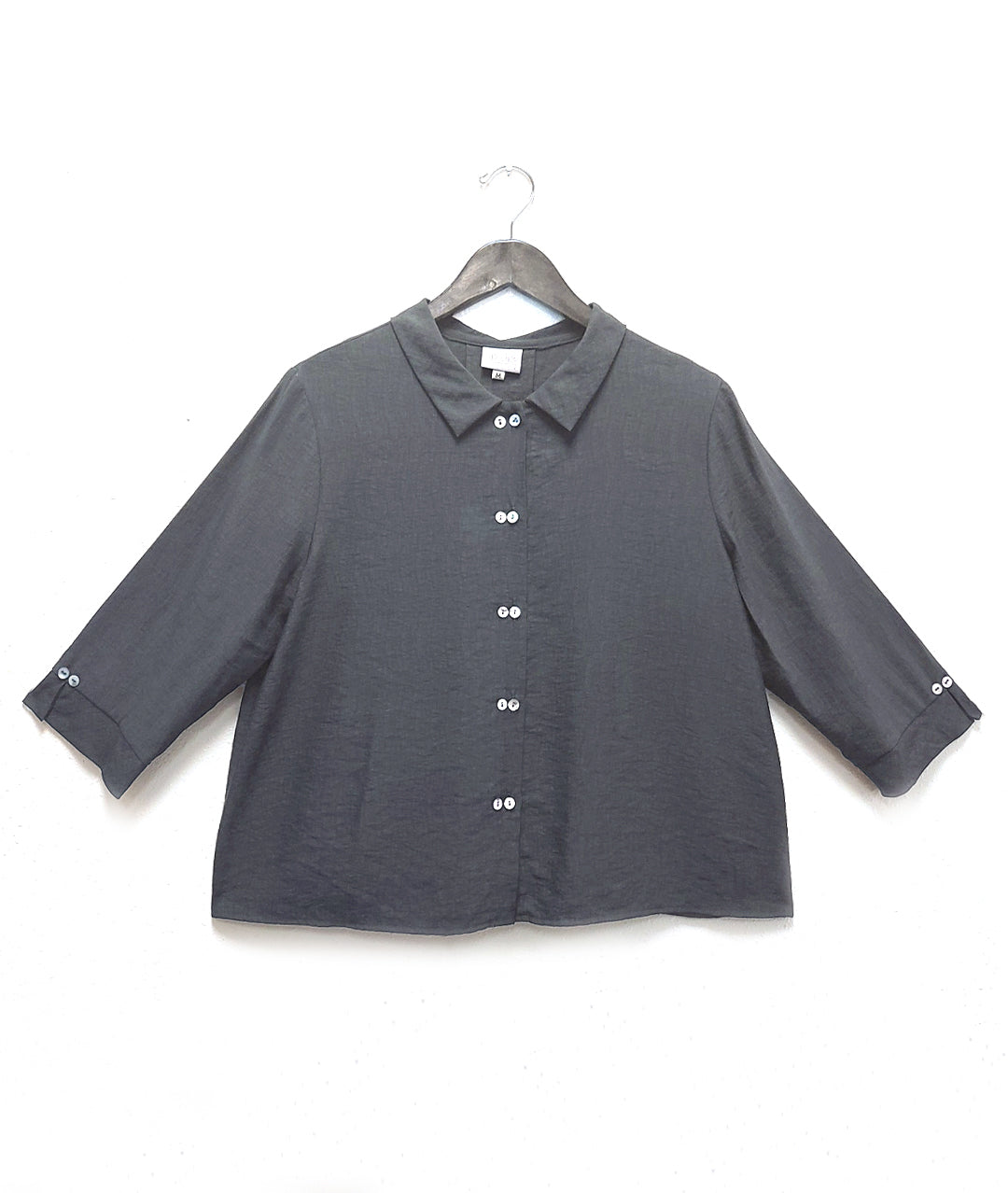 dark grey button down top