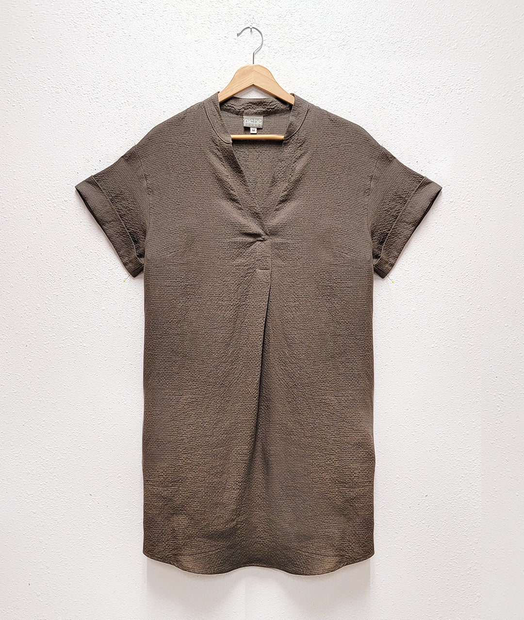 taupe pixel textured boxy pullover dress with a short cuffed sleeve and a vneck