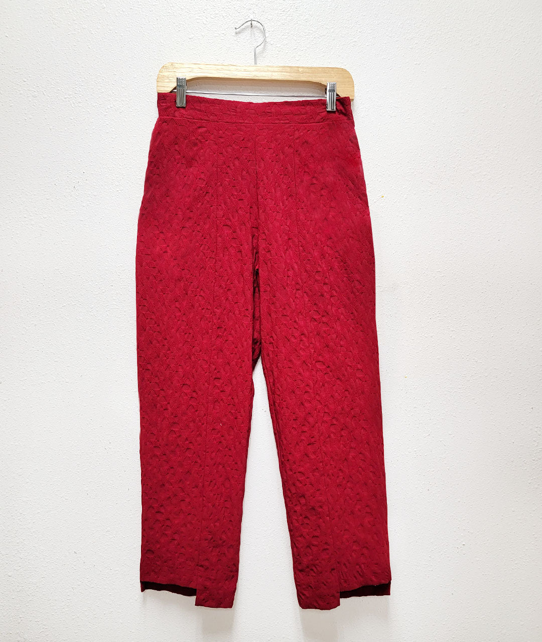 straight leg red diamond knit pant with a stair-step hem