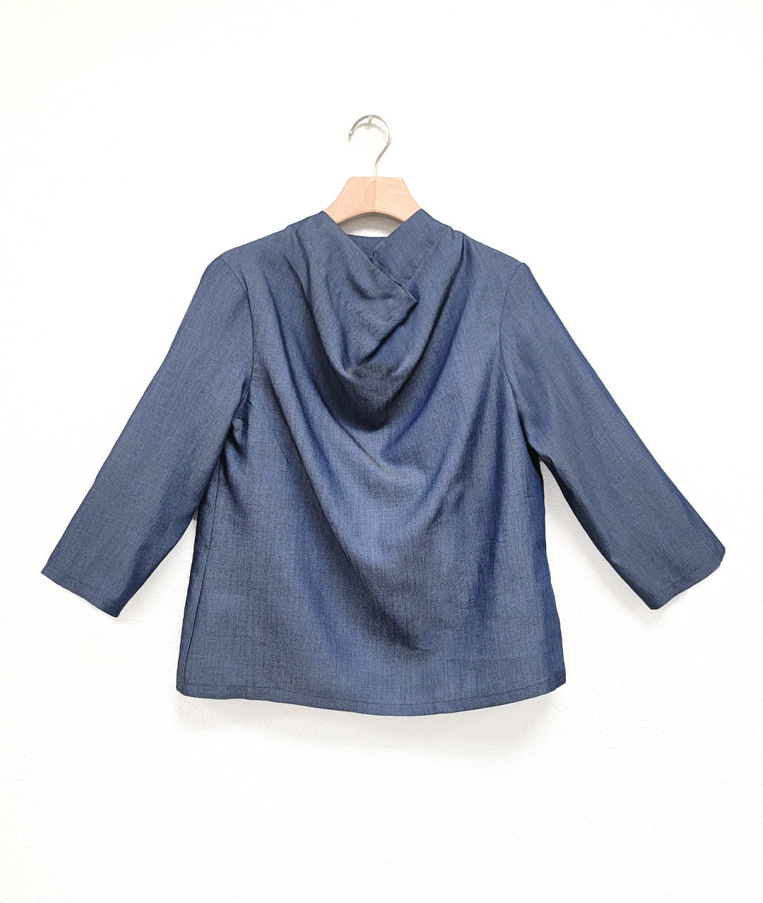 blue chambray cowl top with a 3/4 sleeve