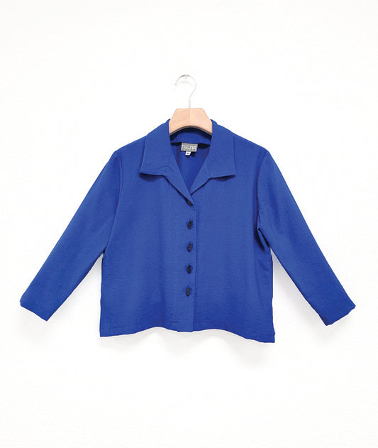 cobalt blue button up 3/4 sleeve top with half circle buttons