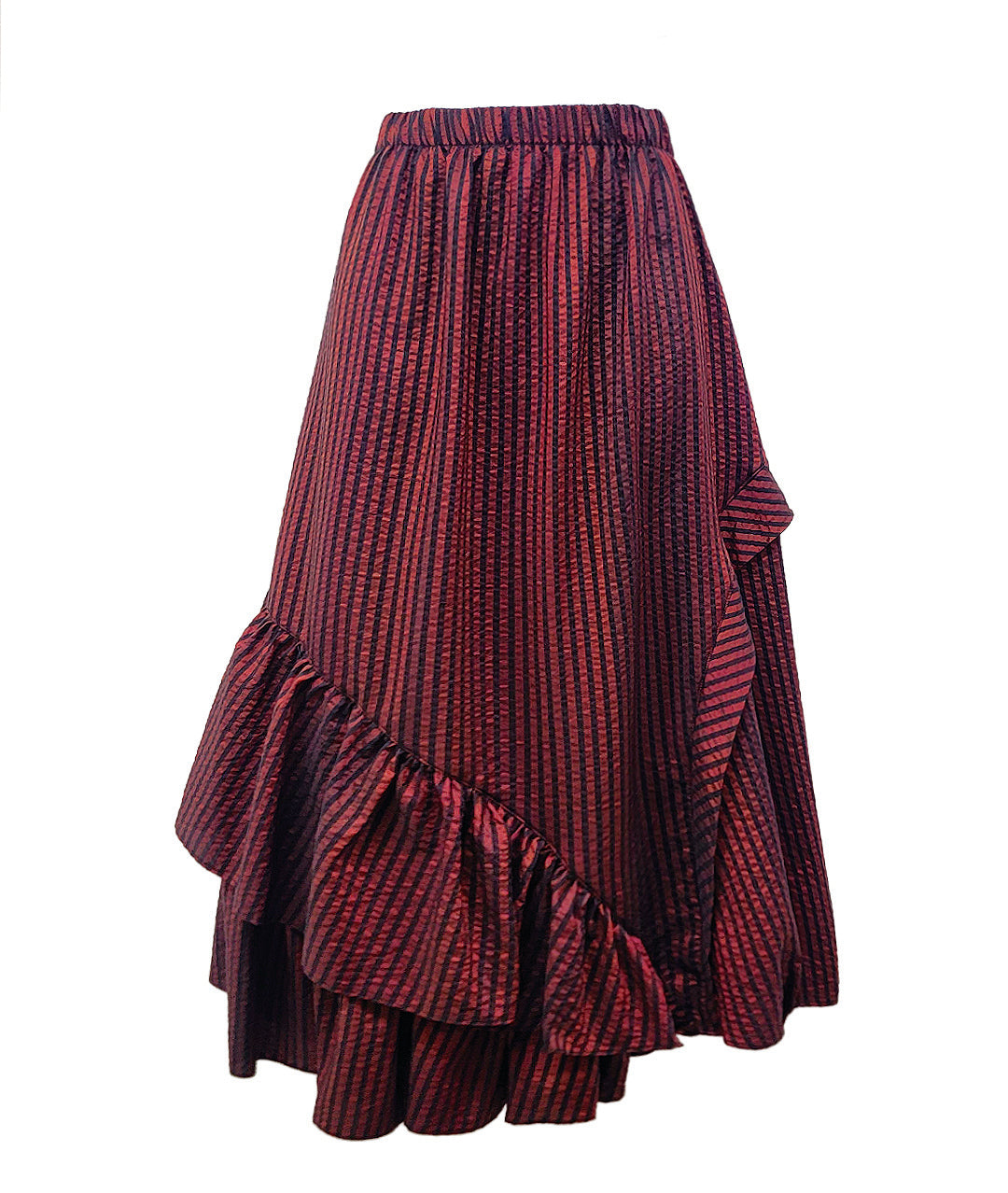 red and black striped midi length skirt with an asymmetrical ruffle detail and elastic waistband
