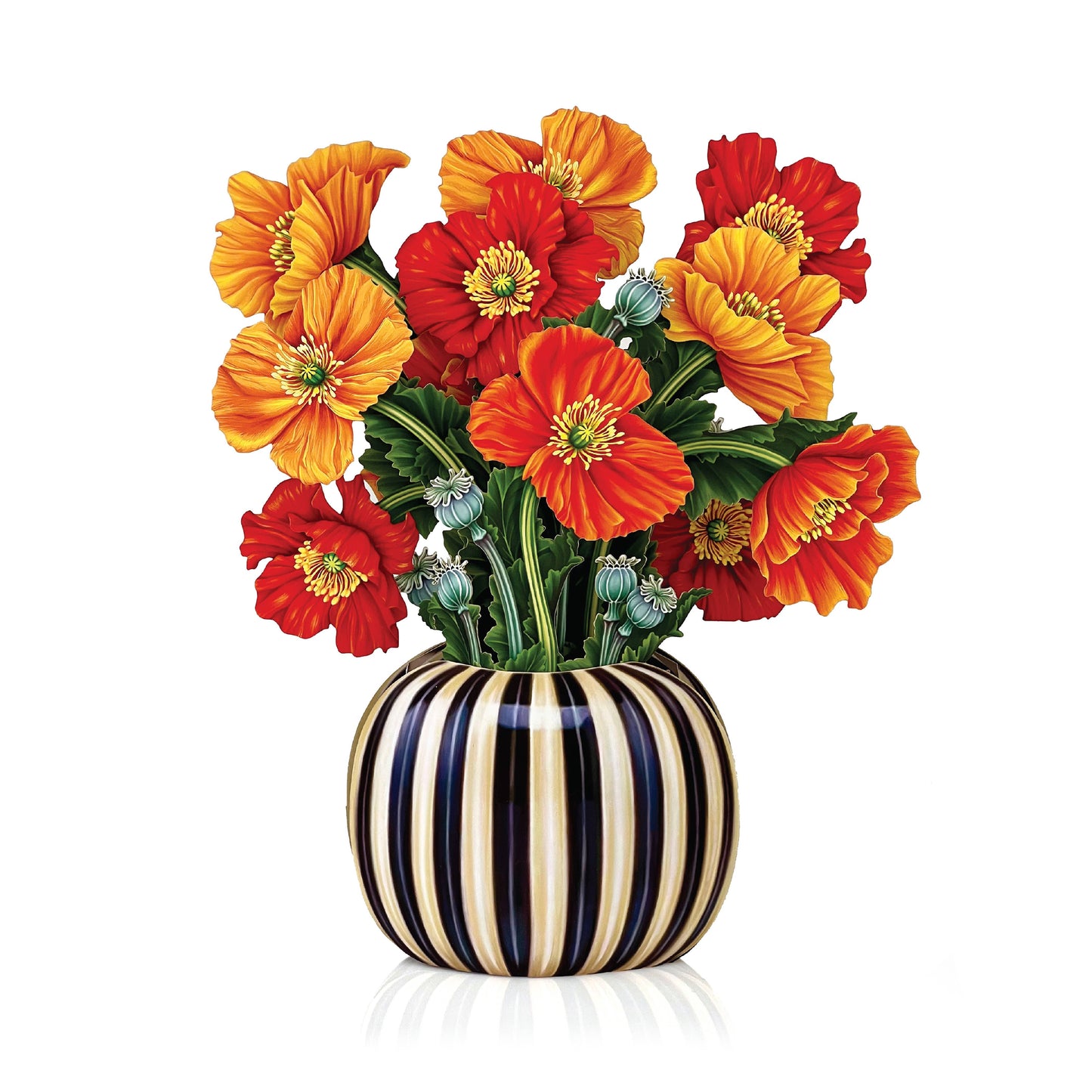 Striped vase with colorful flowers on a white background