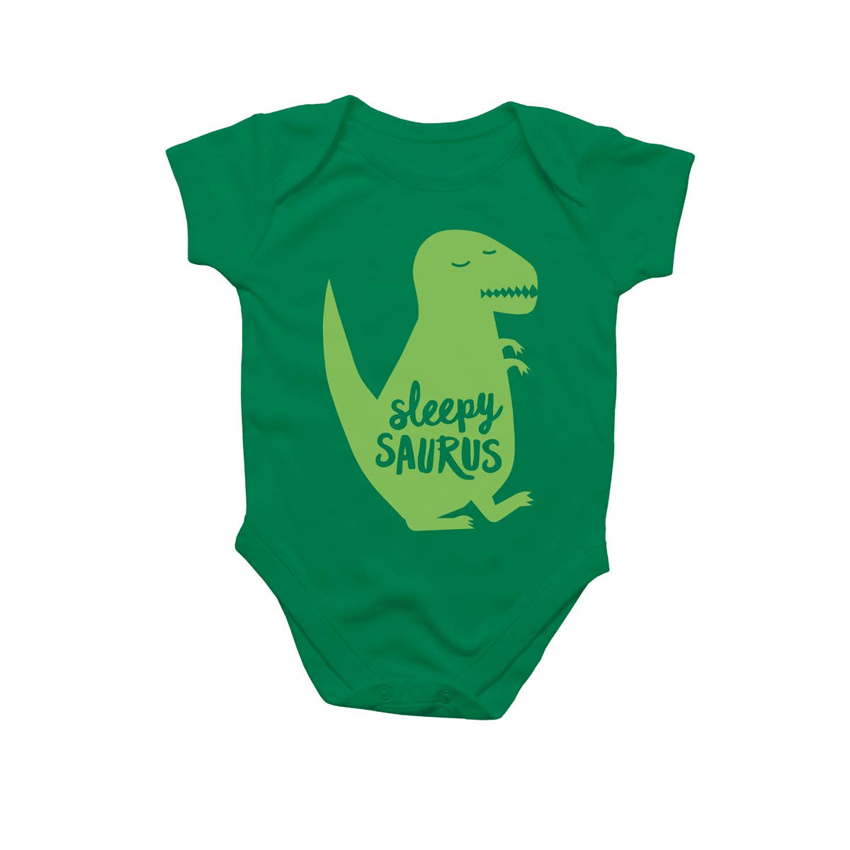 Green baby onesie with a dinosaur design and 'sleepy saurus' text on a white background