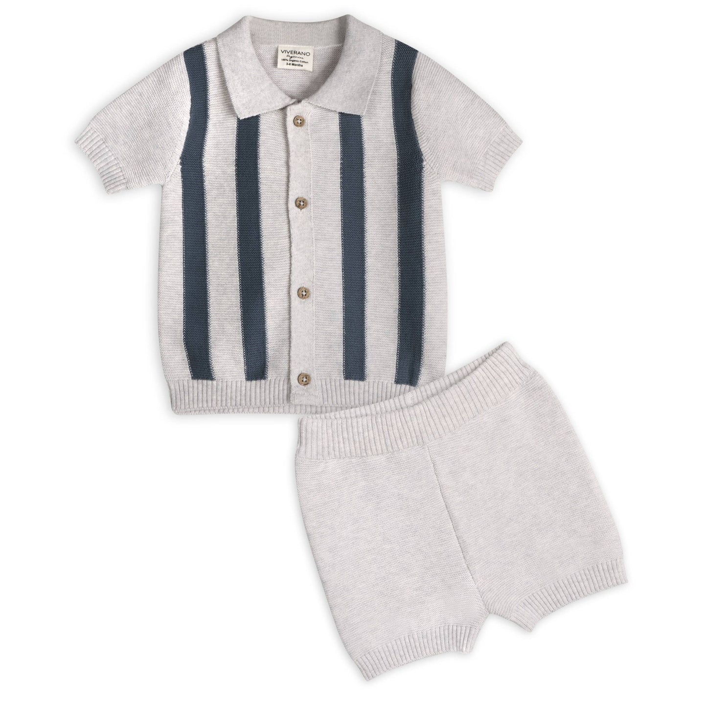 grey knit baby collared top with navy stripes and grey shorts