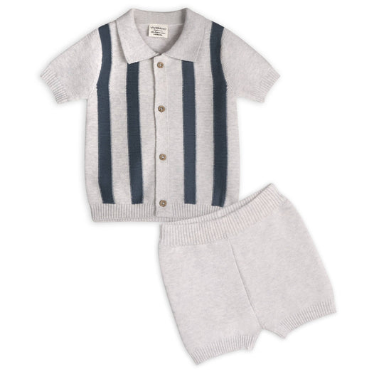 grey knit baby collared top with navy stripes and grey shorts