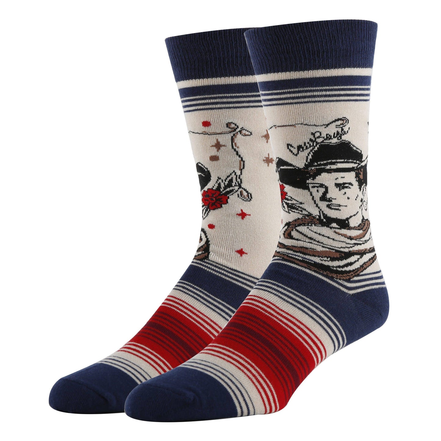 mens sock with navy and red stripe and black and white cowboy drawing. on white background
