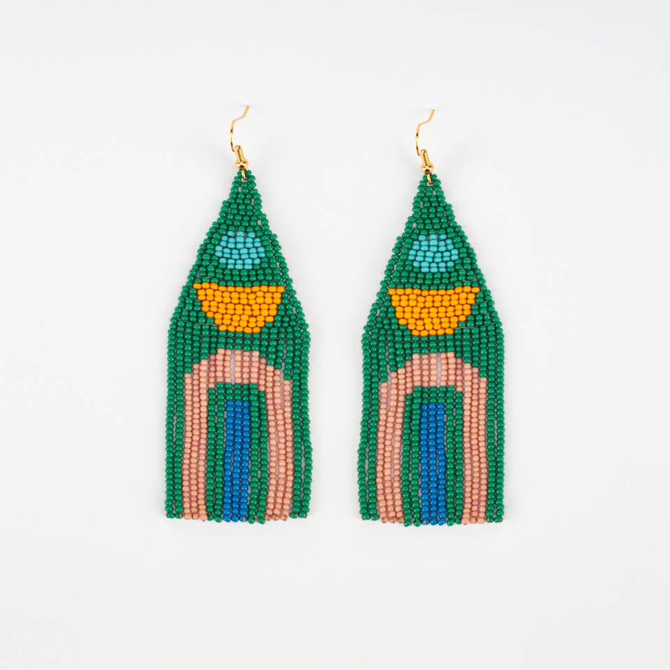 Glass seed beads and gold plated french ear wire earrings in orange , green, aqua and peach. on a white background