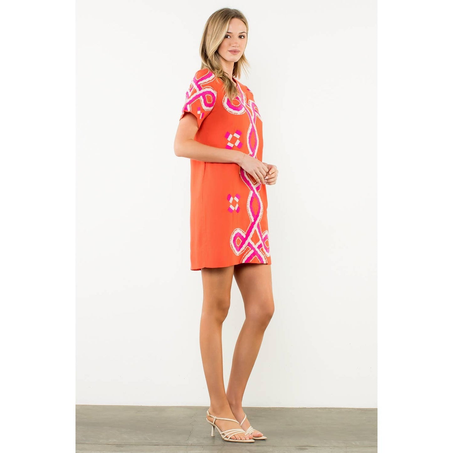 Embroidered Short Sleeve Mini Dress - Orange