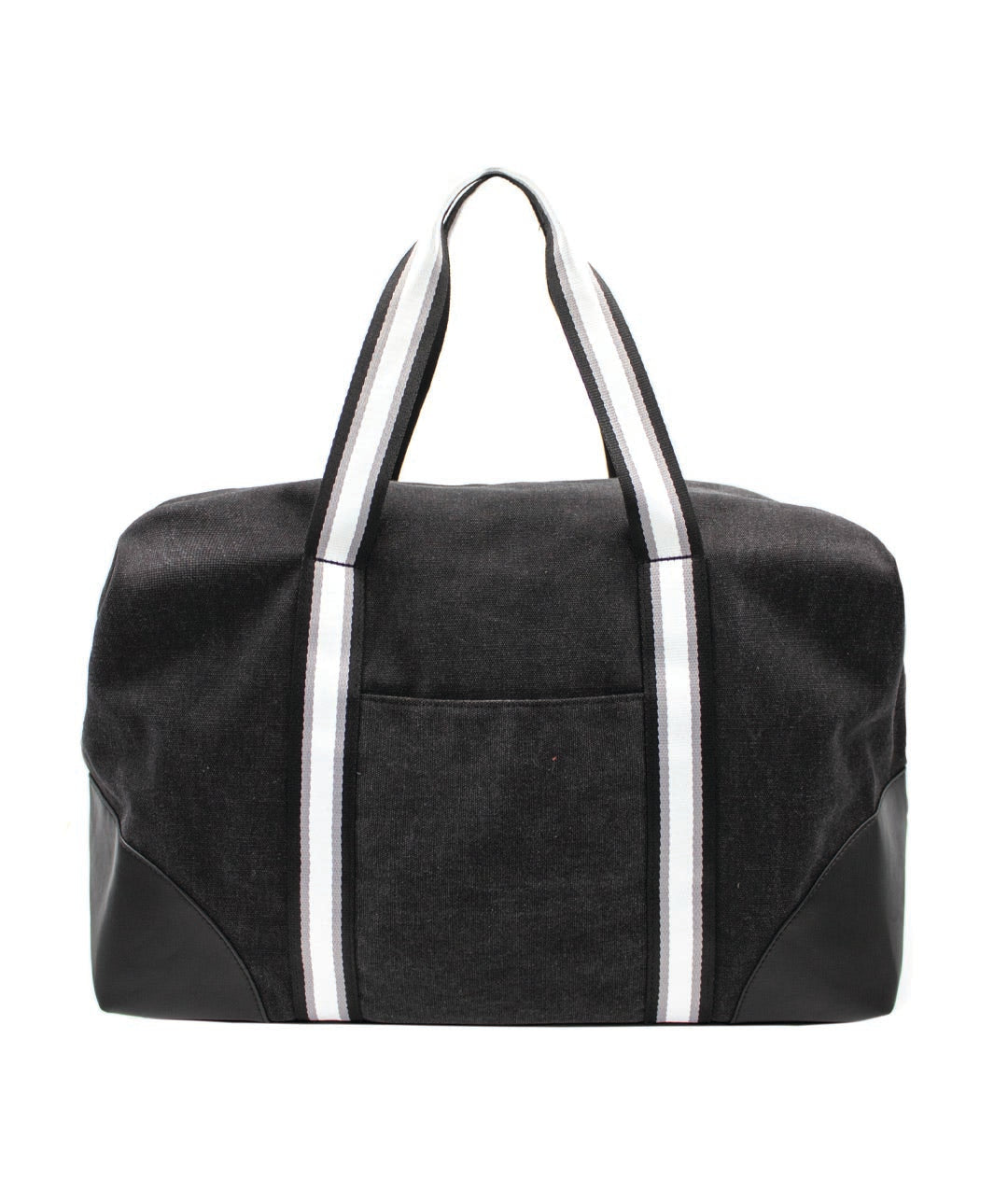 the image shows a black & white duffel bag against a white backdrop