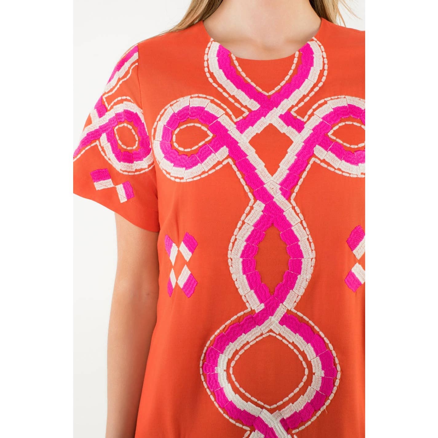 Embroidered Short Sleeve Mini Dress - Orange