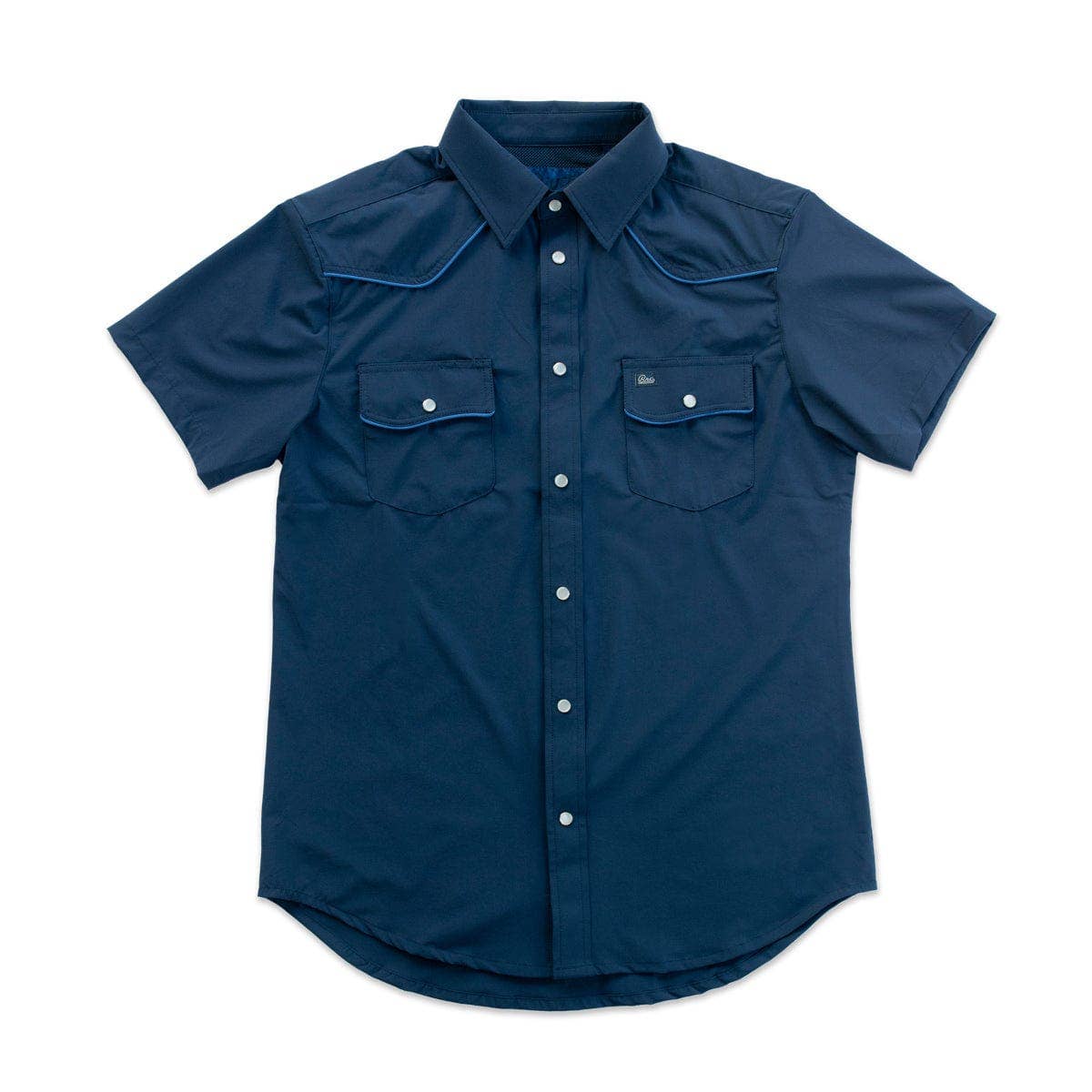 Blue short-sleeve shirt with button details on a white background