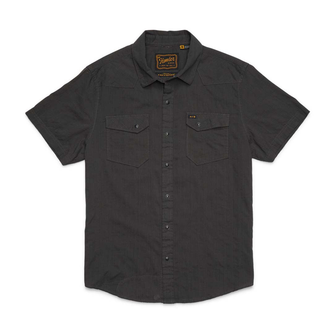 Charcoal black shortsleeve pearl snap shirt on a white background