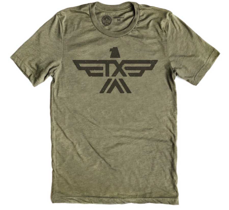 olive tshirt with "tx" thunderbird