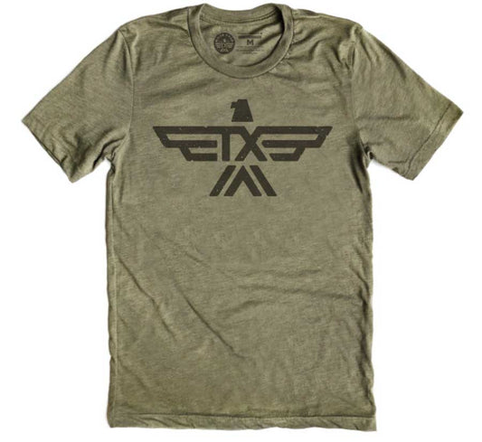 olive tshirt with "tx" thunderbird