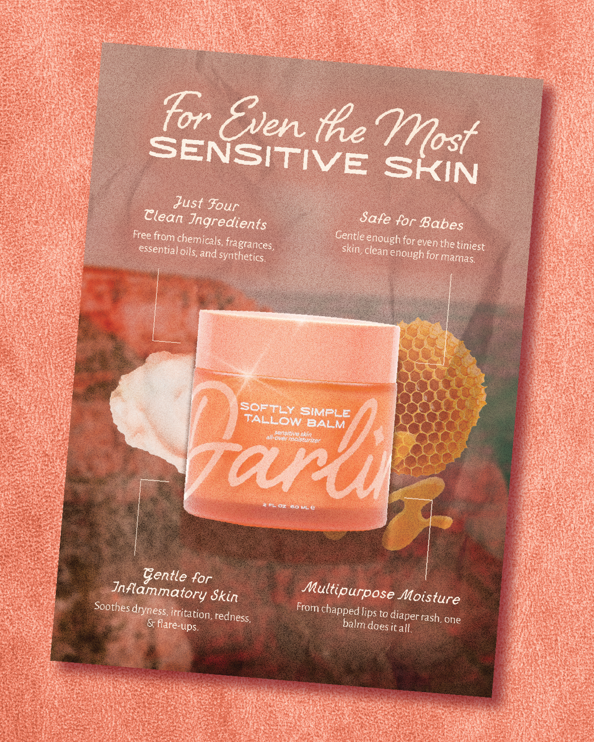 Product packaging for a balm with honeycomb and floral design on a pink background