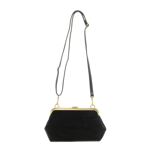 Black handbag with gold accents on a white background