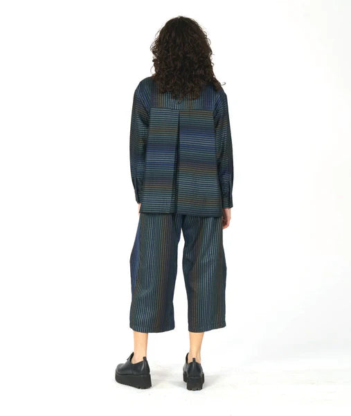 model showing back of matching striped long sleeve top with back pleat and pant on white background