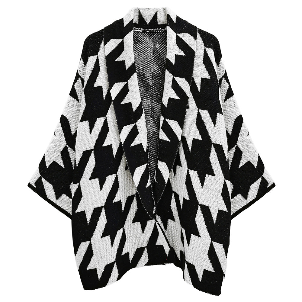 black and white houndstooth cardigan on a white background
