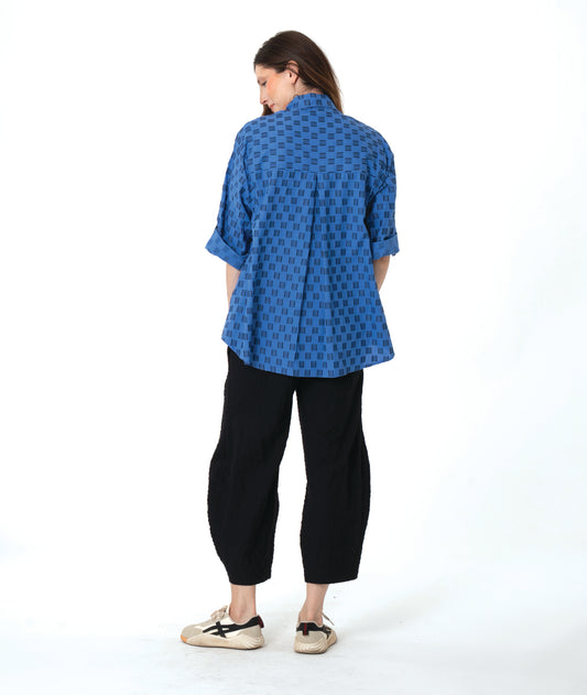 Woman wearing a blue and black checker board patterned blouse and black wide leg pants on a white background