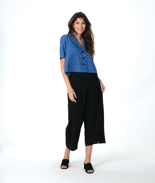 Woman wearing a blue and black checker board patterned top and black wide leg pants on a white background