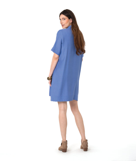 model in an azure color pullover shirt dress
