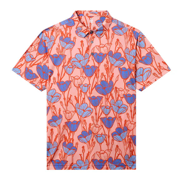 Coral polo shirt with blue floral pattern, against white background
