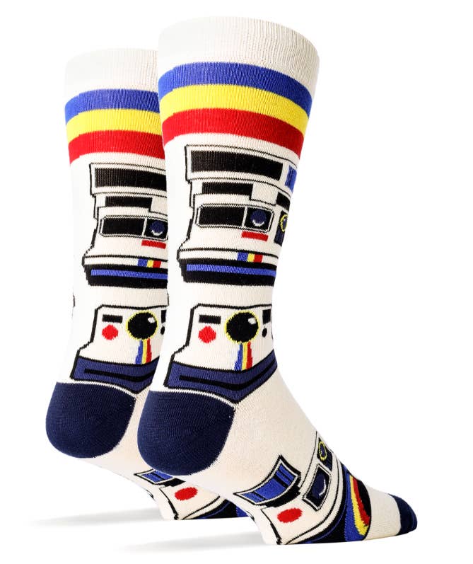 A pair of men's socks with colorful vintage camera stripes pattern.