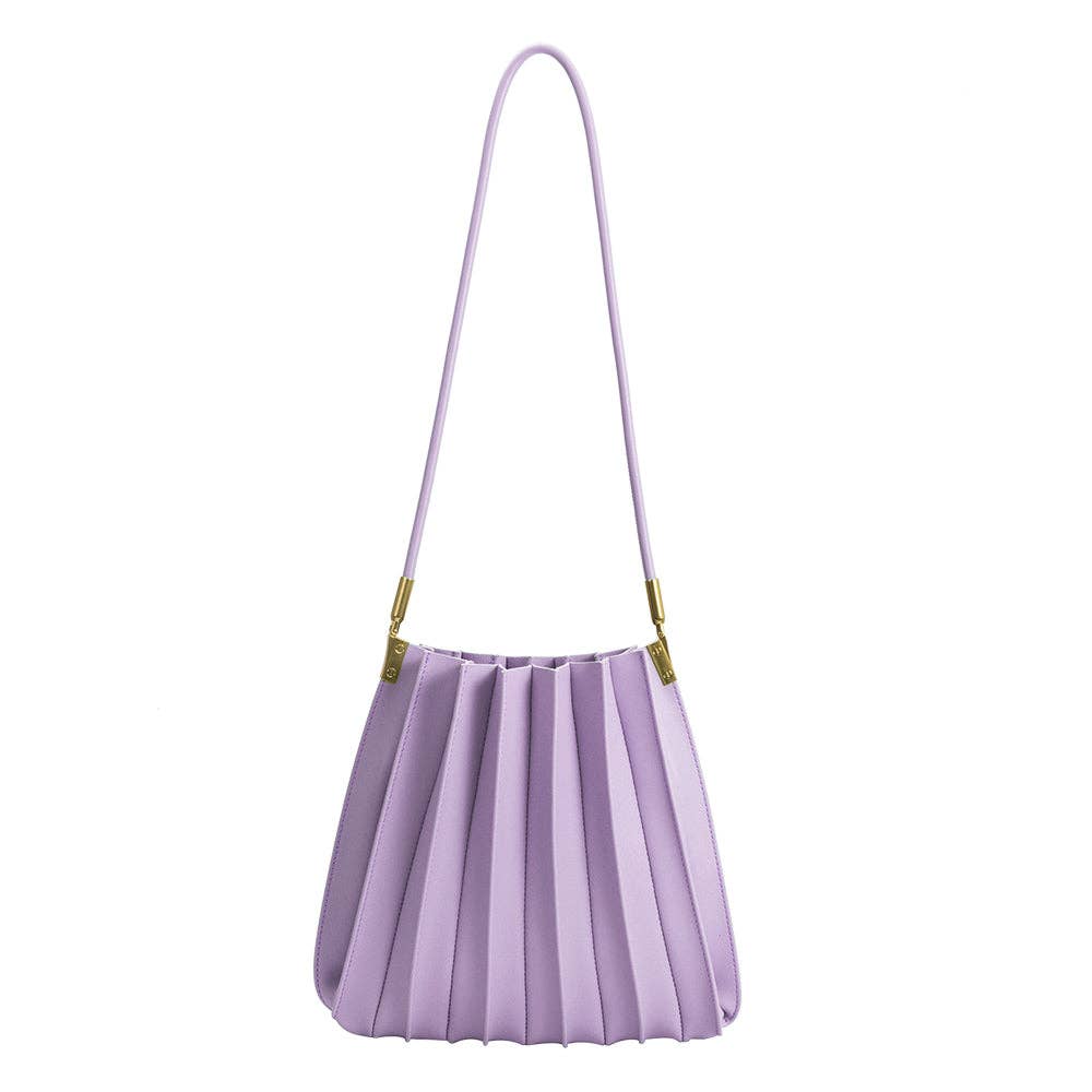 Purple pleated handbag with a strap on a white background