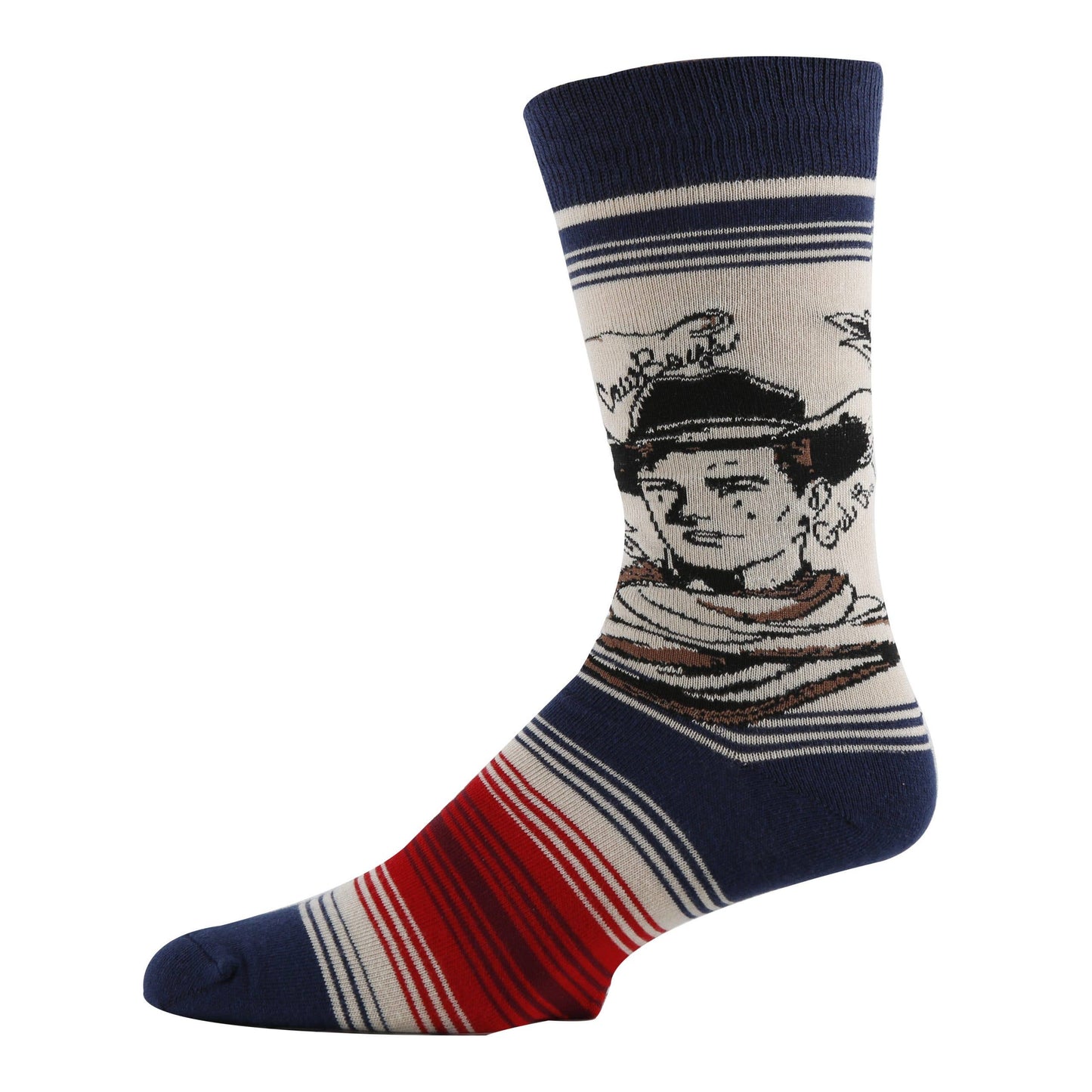 mens sock with navy and red stripe and black and white cowboy drawing. on white background