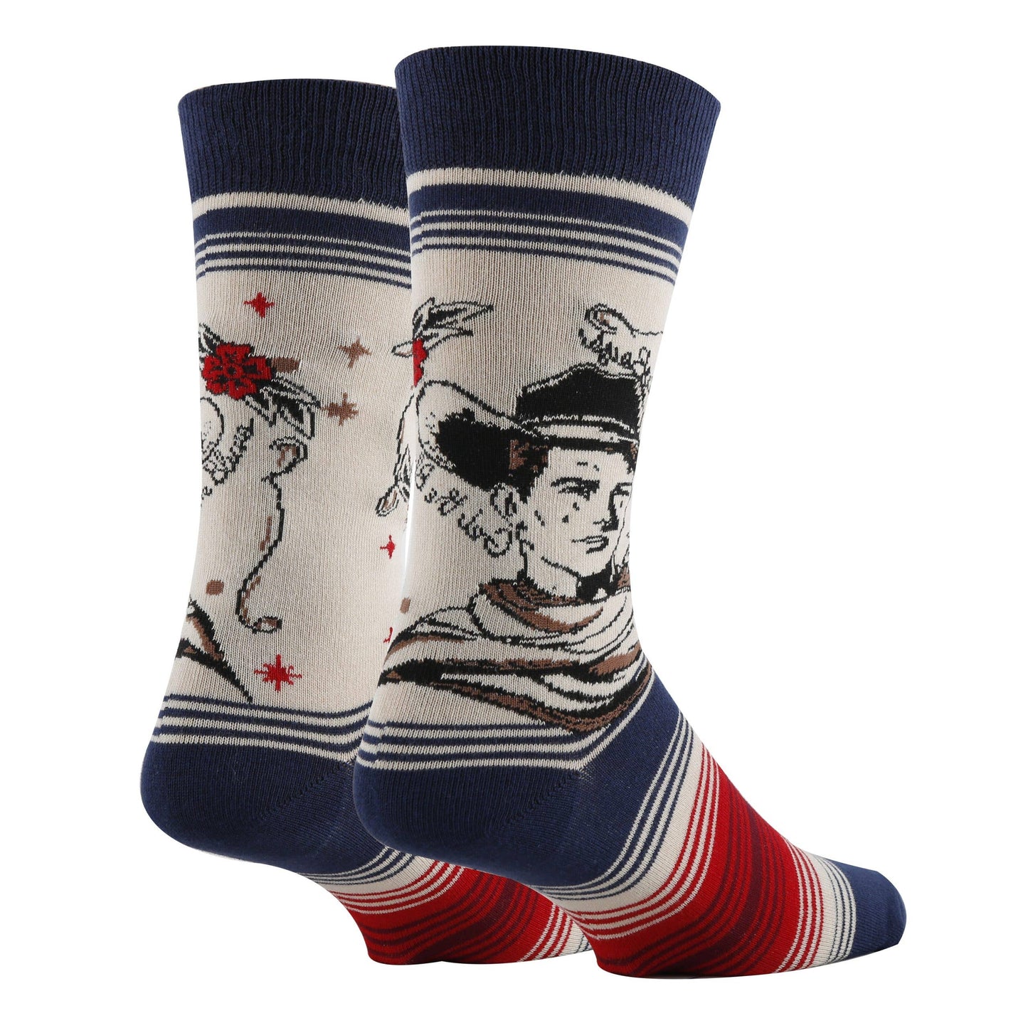 mens sock with navy and red stripe and black and white cowboy drawing. on white background