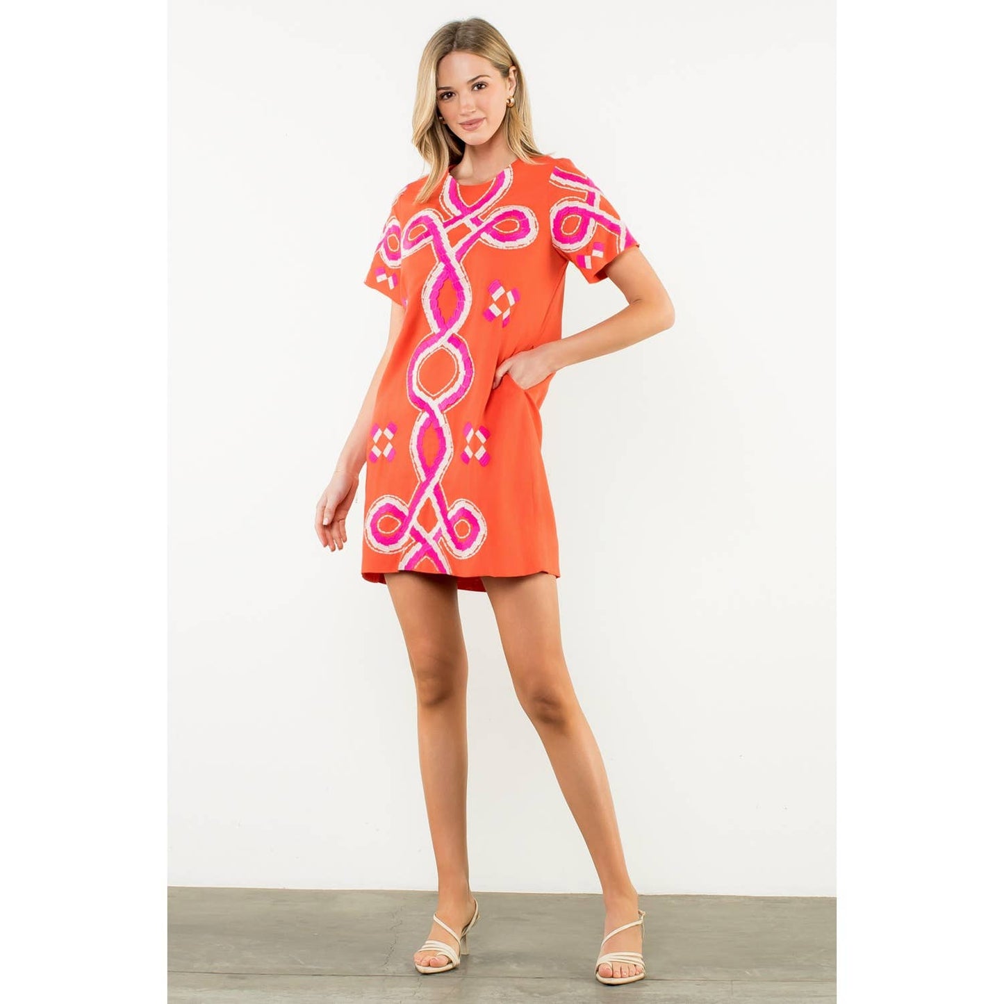 Embroidered Short Sleeve Mini Dress - Orange