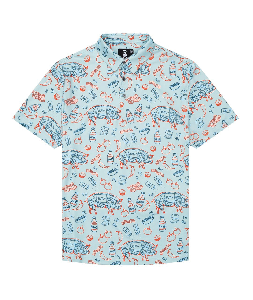 blue bbq themed polo shirt