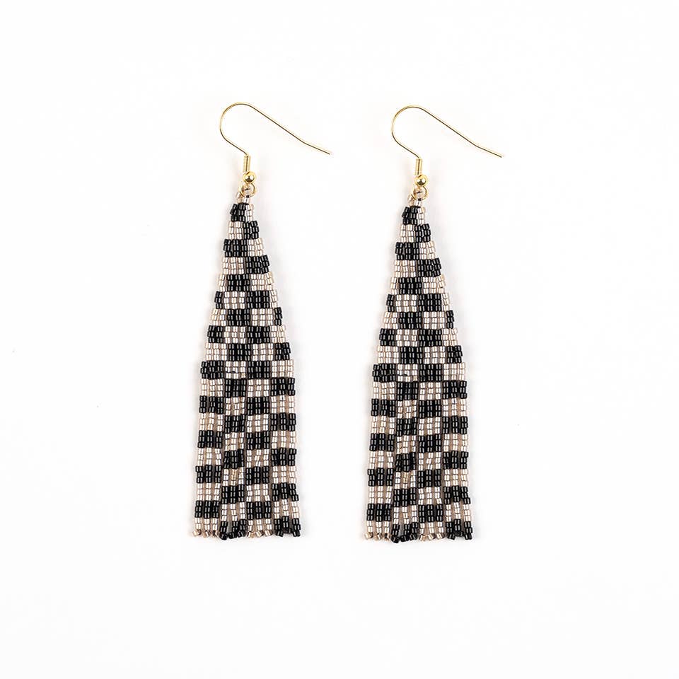 Brown Checkerboard Fringe Earrings