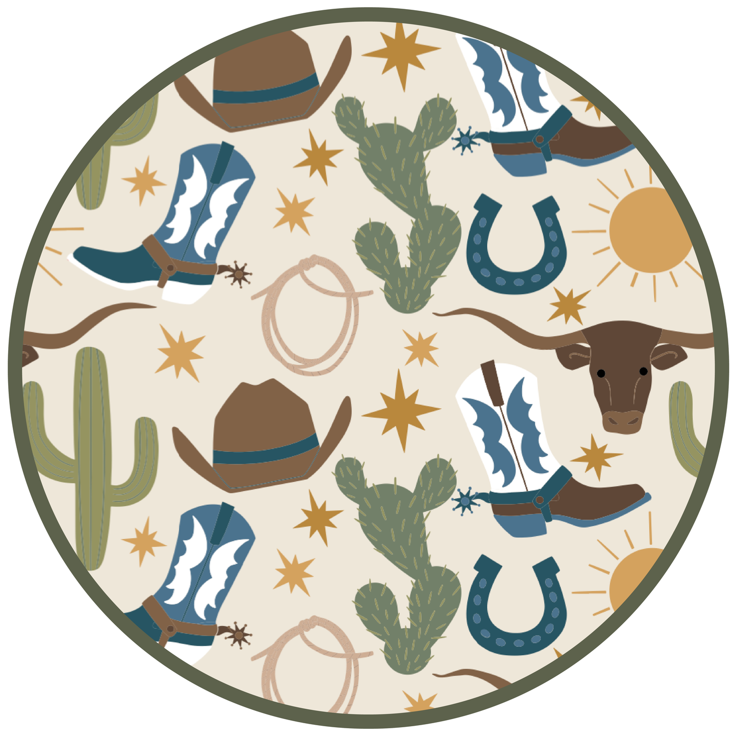 Round decorative mat with cowboy-themed pattern including boots, hats, cacti, and stars on a beige background.