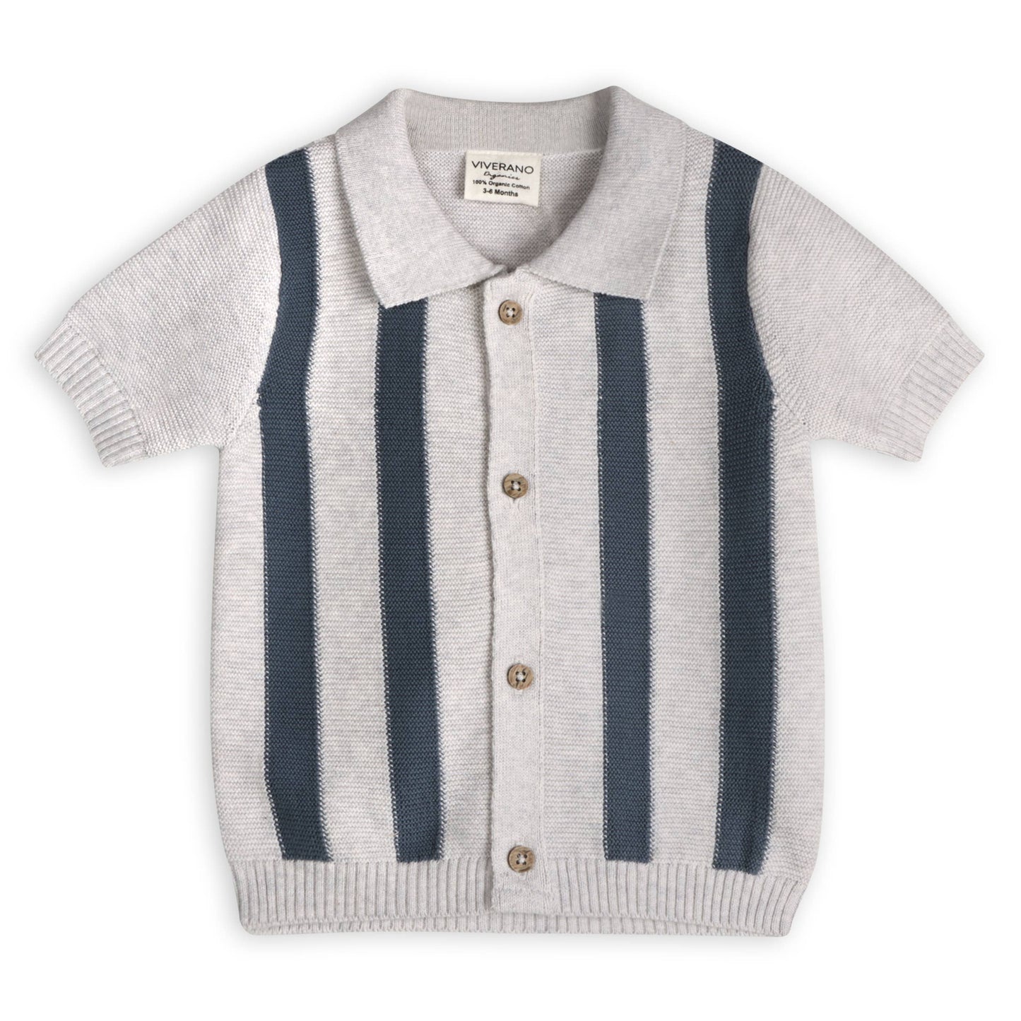 grey knit baby collared top with navy stripes