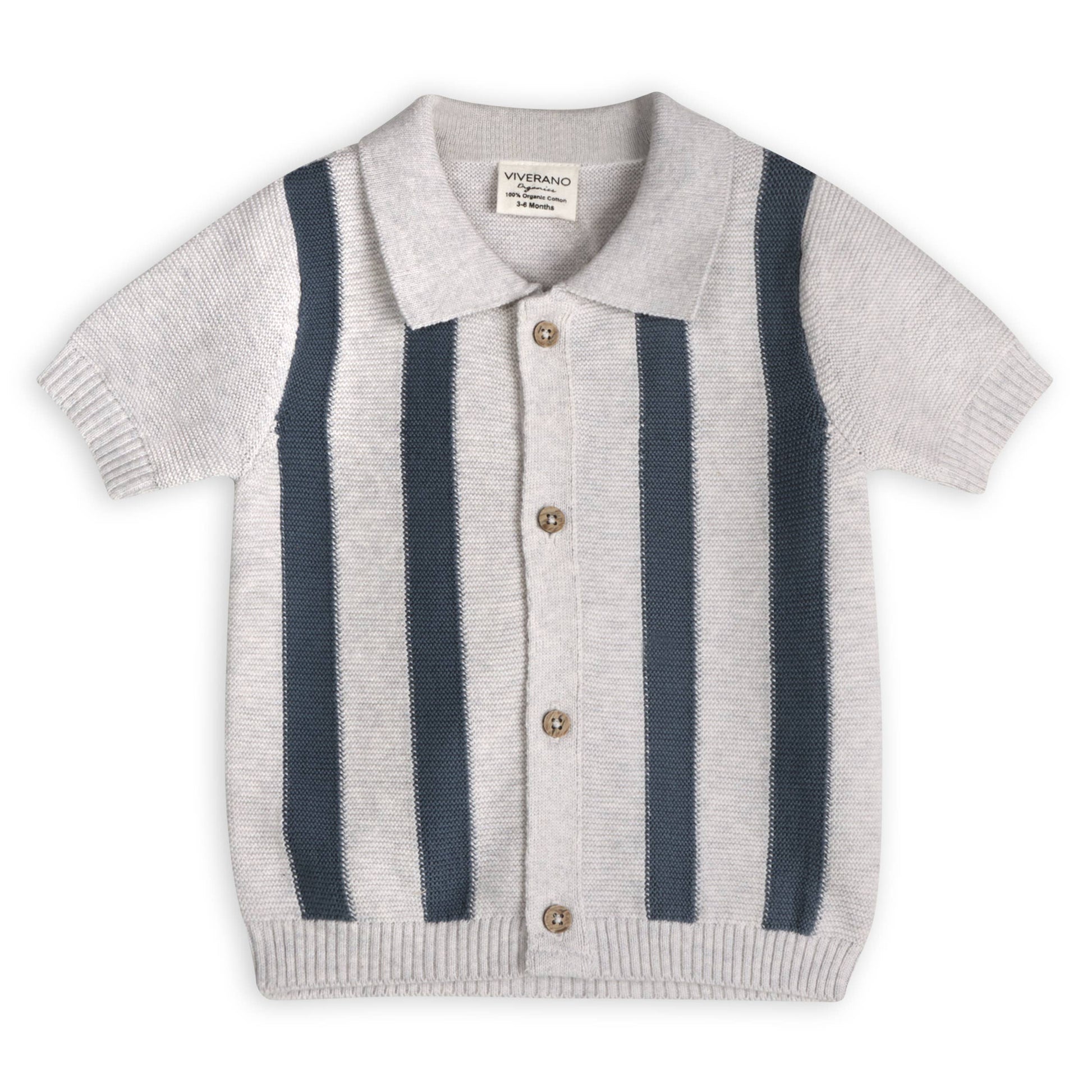 grey knit baby collared top with navy stripes