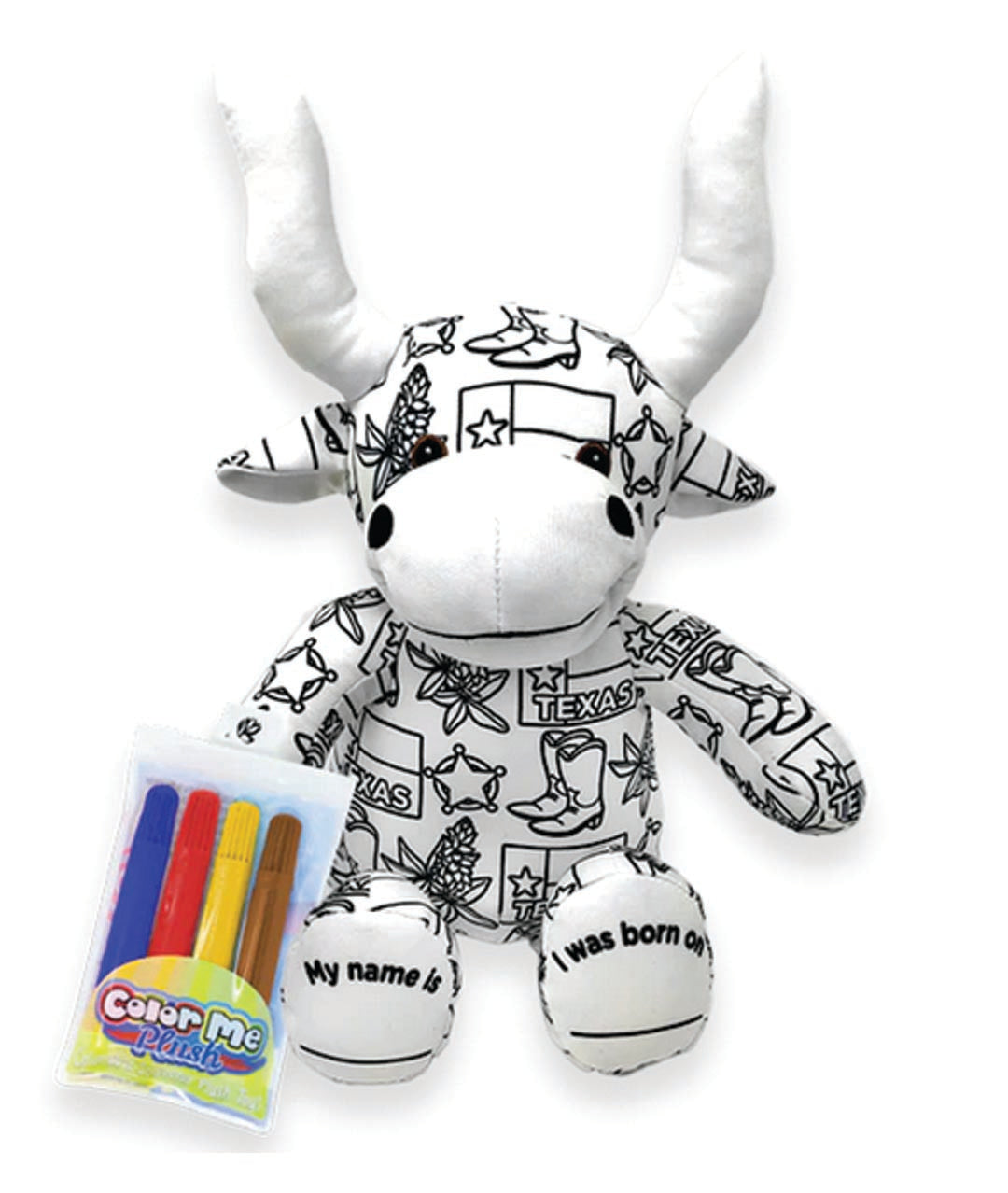 white longhorn stuffed animal with a texas themed print, with markers