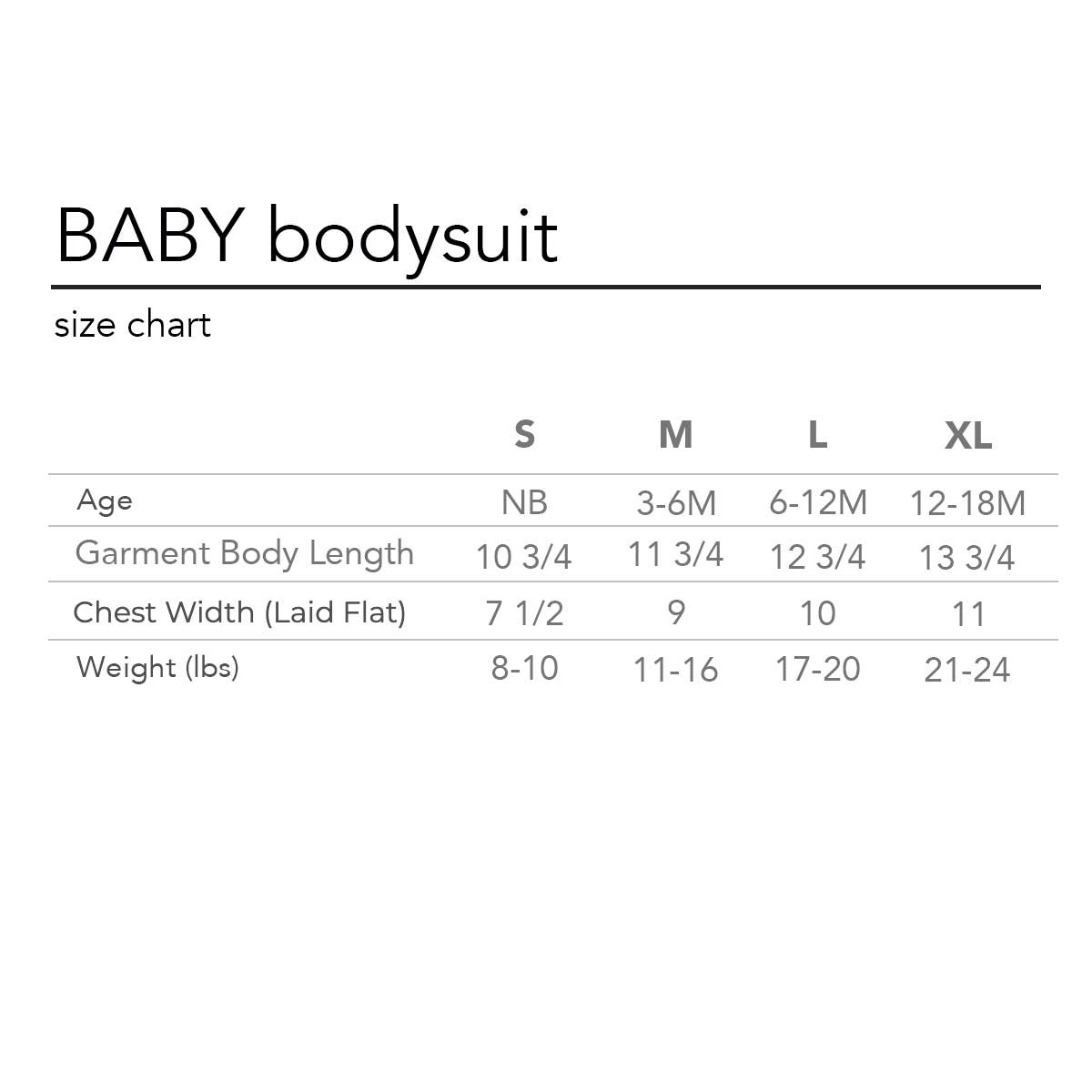 Baby bodysuit size chart with measurements for different age groups.