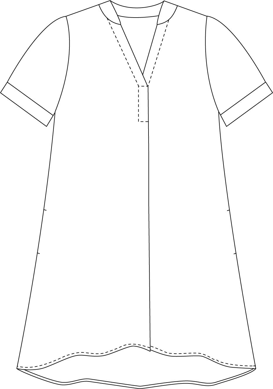 drawing of a linen dress with short cuffed sleeves, a split neckline and a boxy fit