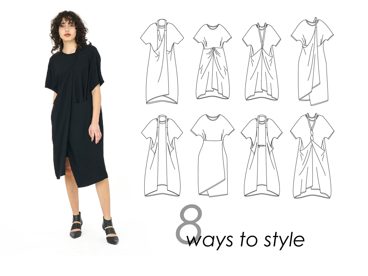 model in a black dress next to an illustrated guide showcasing the different ways to style