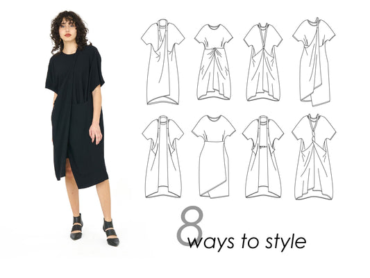 model in a black dress next to an illustrated guide showcasing the different ways to style