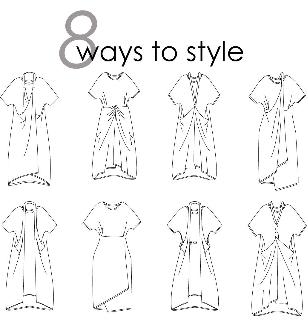 flat drawing showing the different styles to wear this tunic