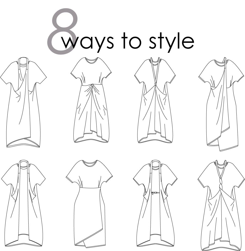 illustration showing the different ways to wear the origami tunic
