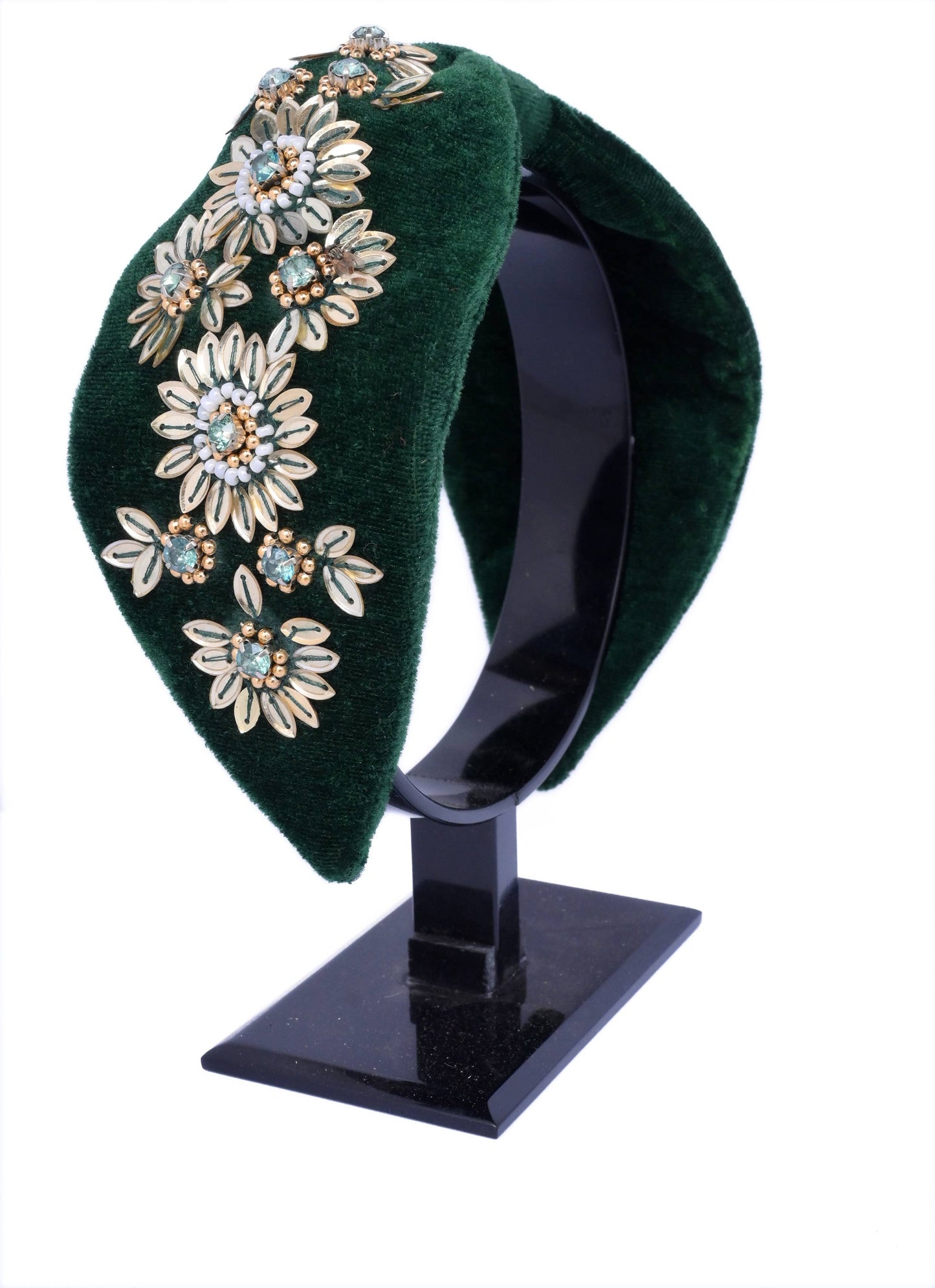 Forest green headband with gold embellishing.