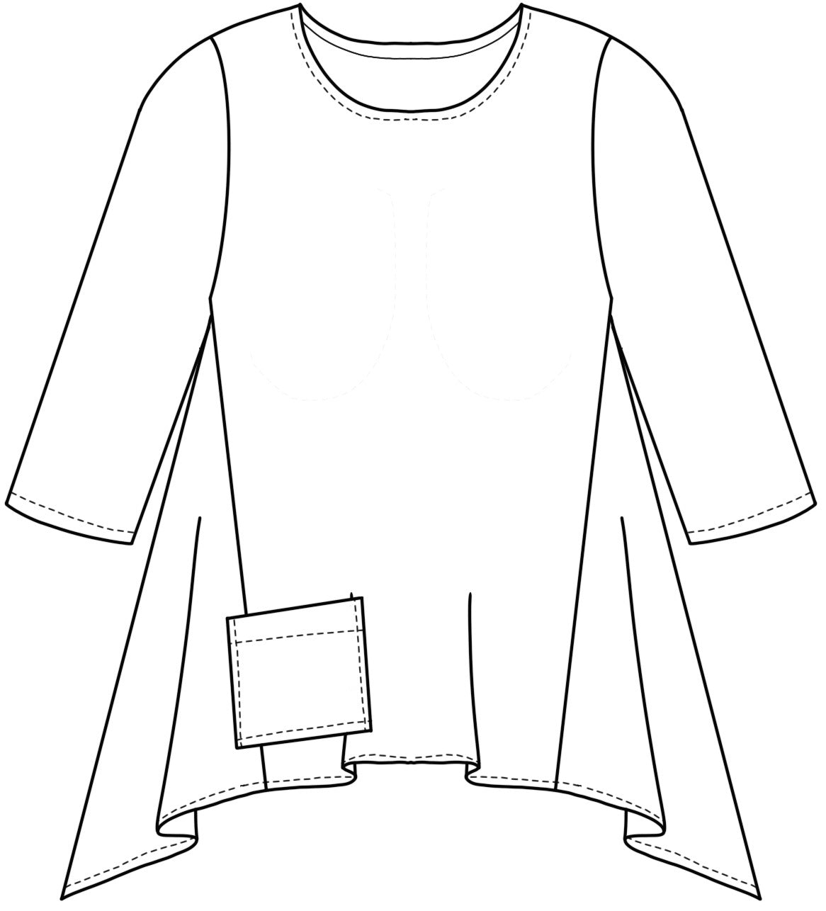 drawing of a pull over top with a full flowy body and a single square hip pocket. sleeves are 3/4 length and the hemline of the body is lower on the sides with a point.